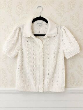 Vintage Eyelet Knit Short Sleeve Cardigan with Scalloped Collar